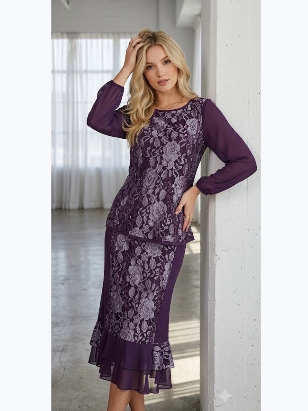 🔴 Purple Lace Peplum Two-Piece Dress Set L-XL